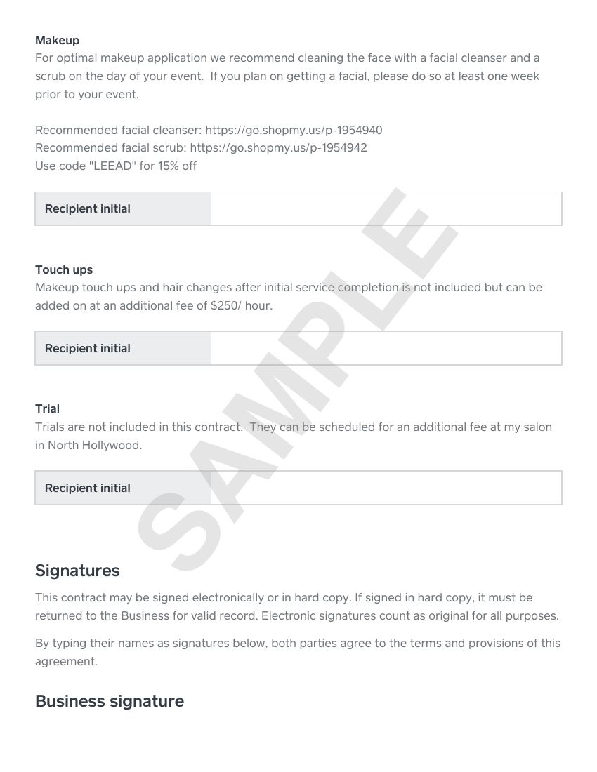 On-location hair and makeup services contract sample, page 5 of 6