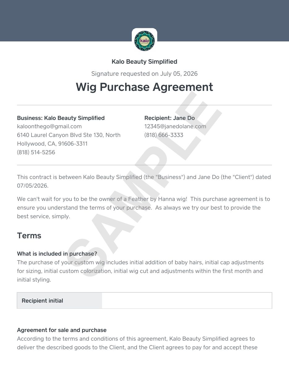 Wig Purchase Agreement sample, page 1 of 3
