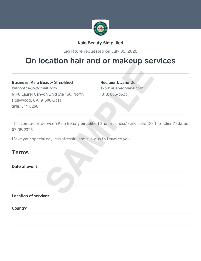 On-location hair and makeup services contract sample, page 1 of 6